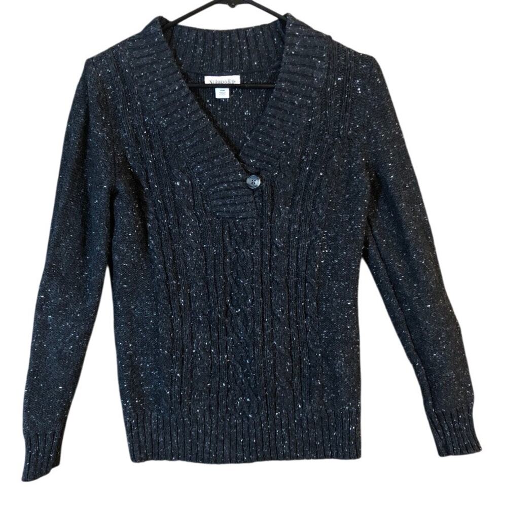 St Johns Bay Womens Sweater Black Speckled Petite Cable Knit Long Sleeve PM